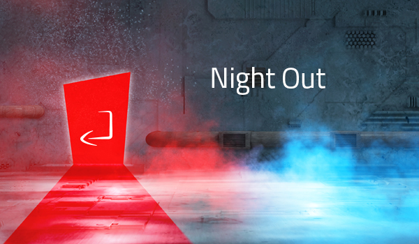 Illustration mit roter Eingangstür und Text Night Out auf grauem Hintergrund mit roten und blauen Nebeleffekten