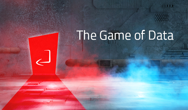 Illustration mit roter Eingangstür und Text The Game of Data auf grauem Hintergrund mit roten und blauen Nebeleffekten