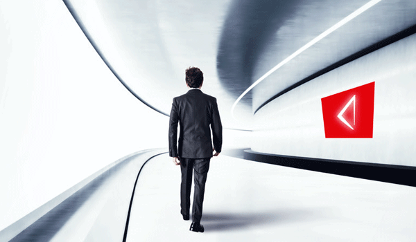 Illustration einer Person im Anzug in futurativer Umgebung mit DATAGROUP-Element