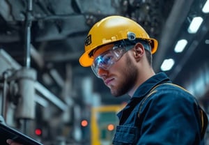 Fachkraft mit Schutzhelm in industrieller Fertigung